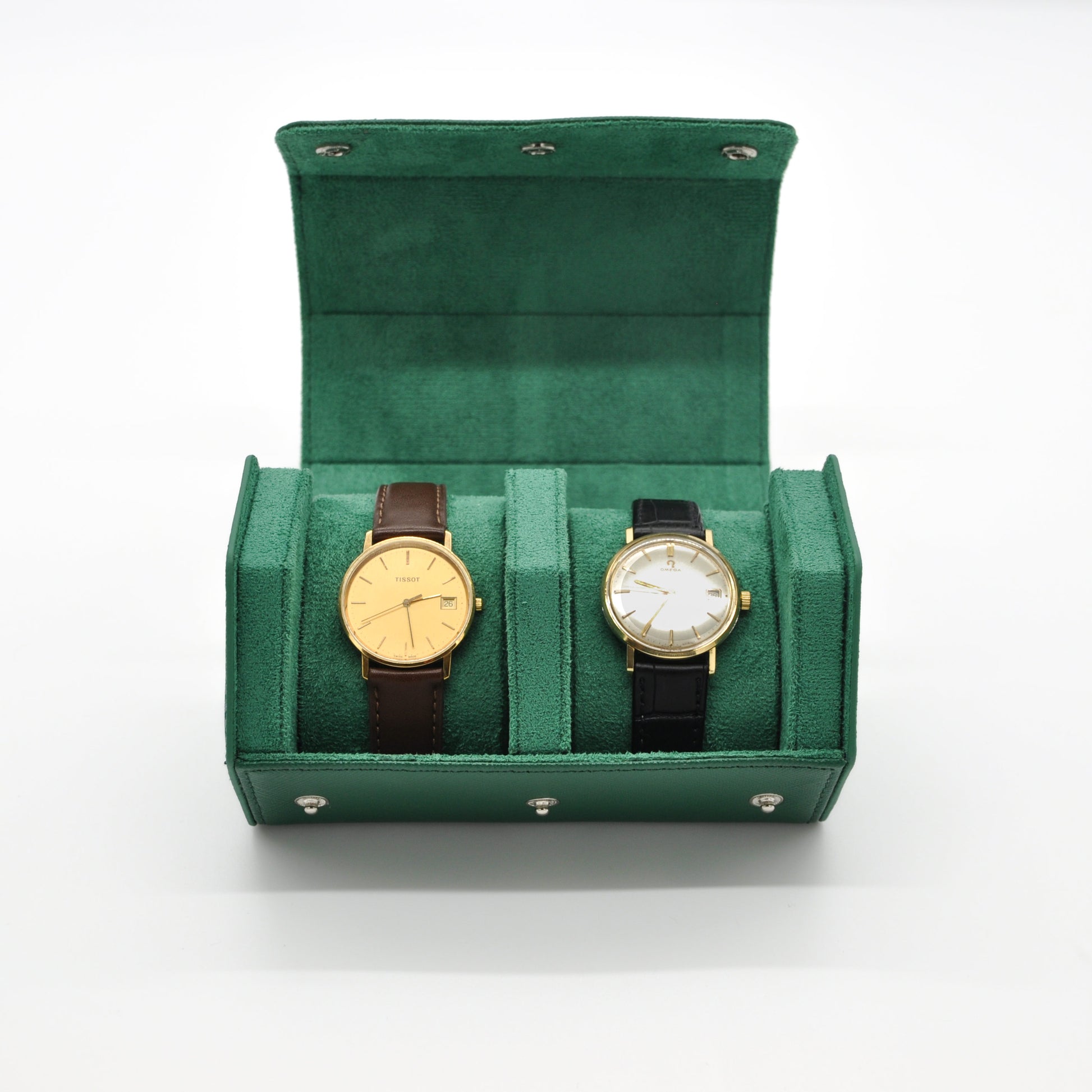 Klokkeboks i ekte grønt skinn med plass til 2 klokker - Klokkr