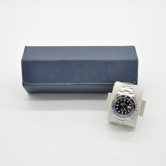 Klokkeboks i ekte blått skinn med plass til 3 klokker - Klokkr